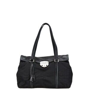Prada triangular logo plate tote bag shoulder black nylon leather